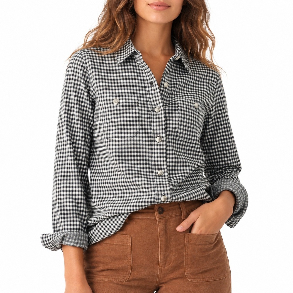 FAHERTY Legend Sweater Shirt Gingham Knit Button Down in Black and White. XXS